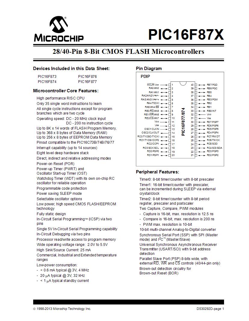 datasheet 16f876