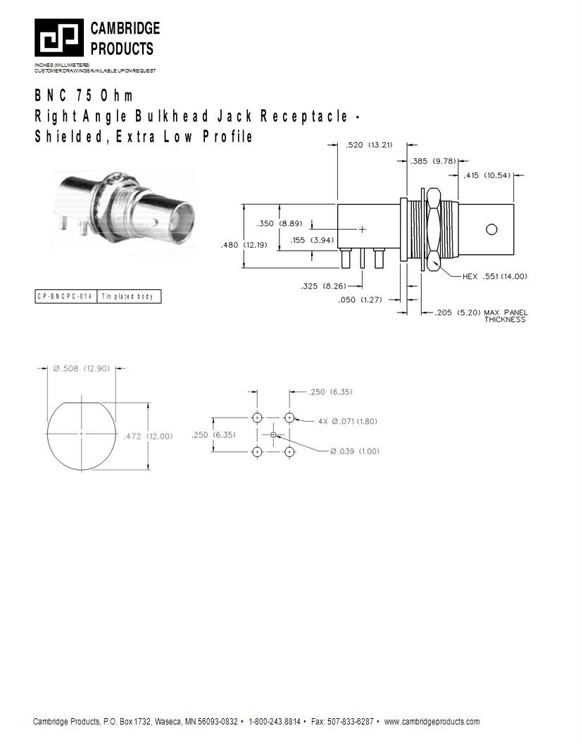 BNC Jack Panel Rf Connector CP1094U Cinch