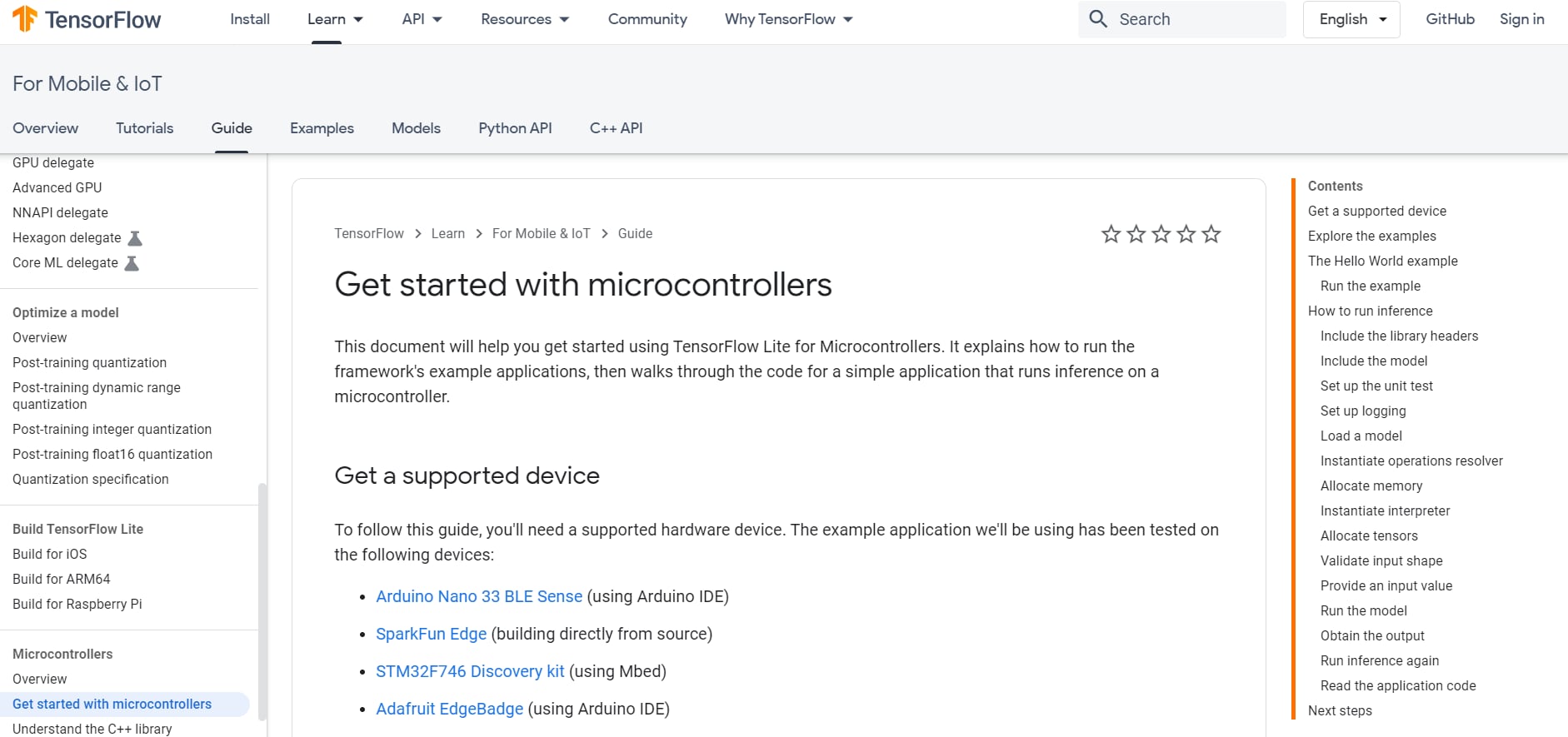 a screenshot of the TensorFlow website getting started guide