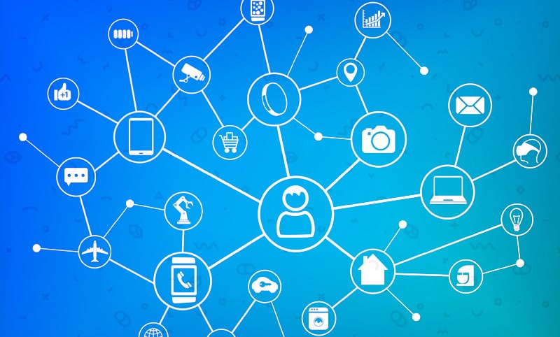 A interconnecting web with icons inside connected bubbles including people, smart phones, robots, lightbulbs, communicationd devices, etc.