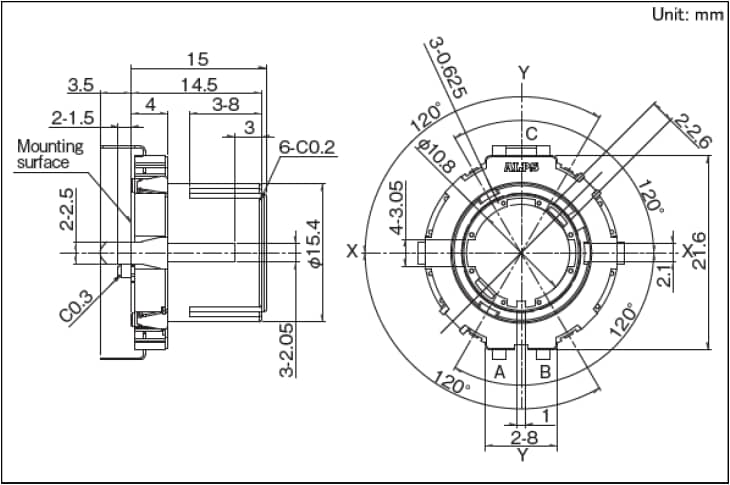 Mechanical Drawing - Alps Alpine EC21A Ring-Type Encoders Mechanical Drawing - Alps Alpine EC21A Ring-Type Encoders