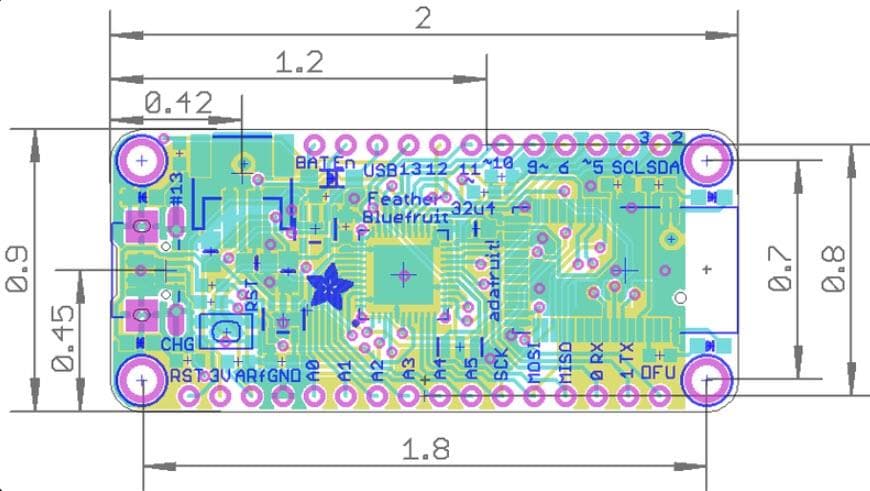 Mechanical Drawing - Adafruit Feather 32u4 Bluefruit LE with Stacking Headers Mechanical Drawing - Adafruit Feather 32u4 Bluefruit LE with Stacking Headers
