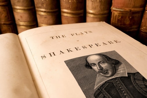 The title page from an antique book of the plays of Shakespeare.